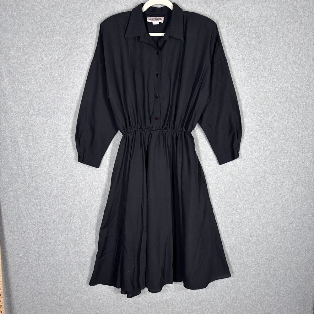 Vintage 80s Midi Shirt Dress Size 16 Black Minimalist Neutral Retro Quiet Luxury